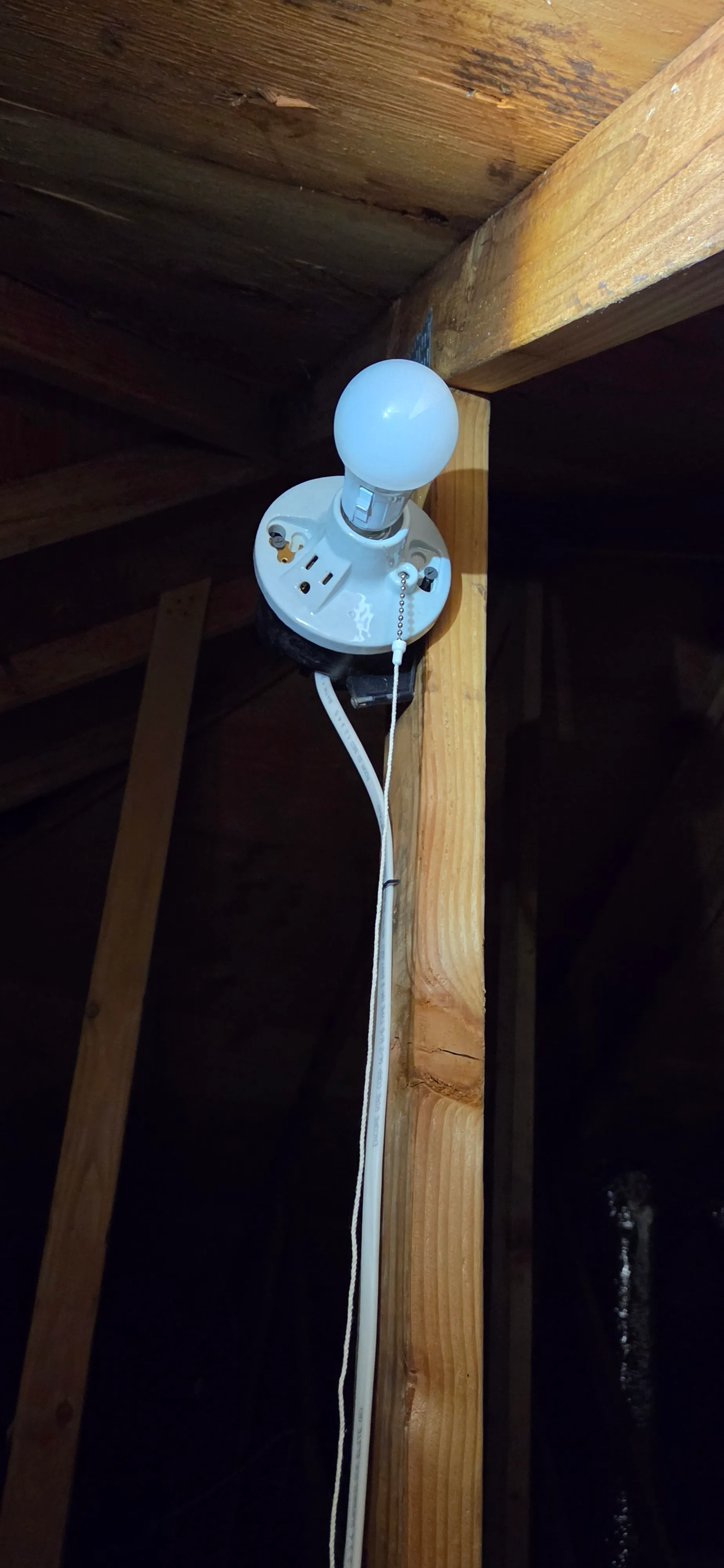 Porcelain-style pull-chain lampholder with a built-in outlet mounted on a rafter in a dark attic of a Brush Prairie WA home