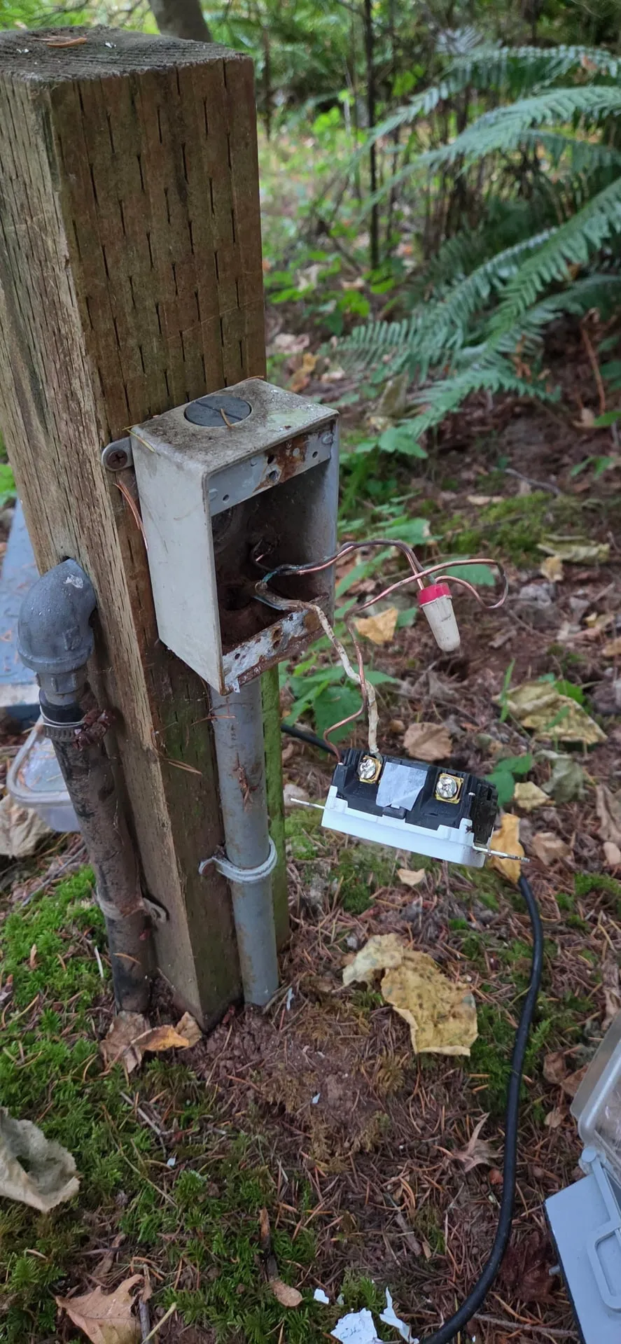 Outdoor outlet box on a wood post in a Camas WA garden with its cover missing and the old device pulled out