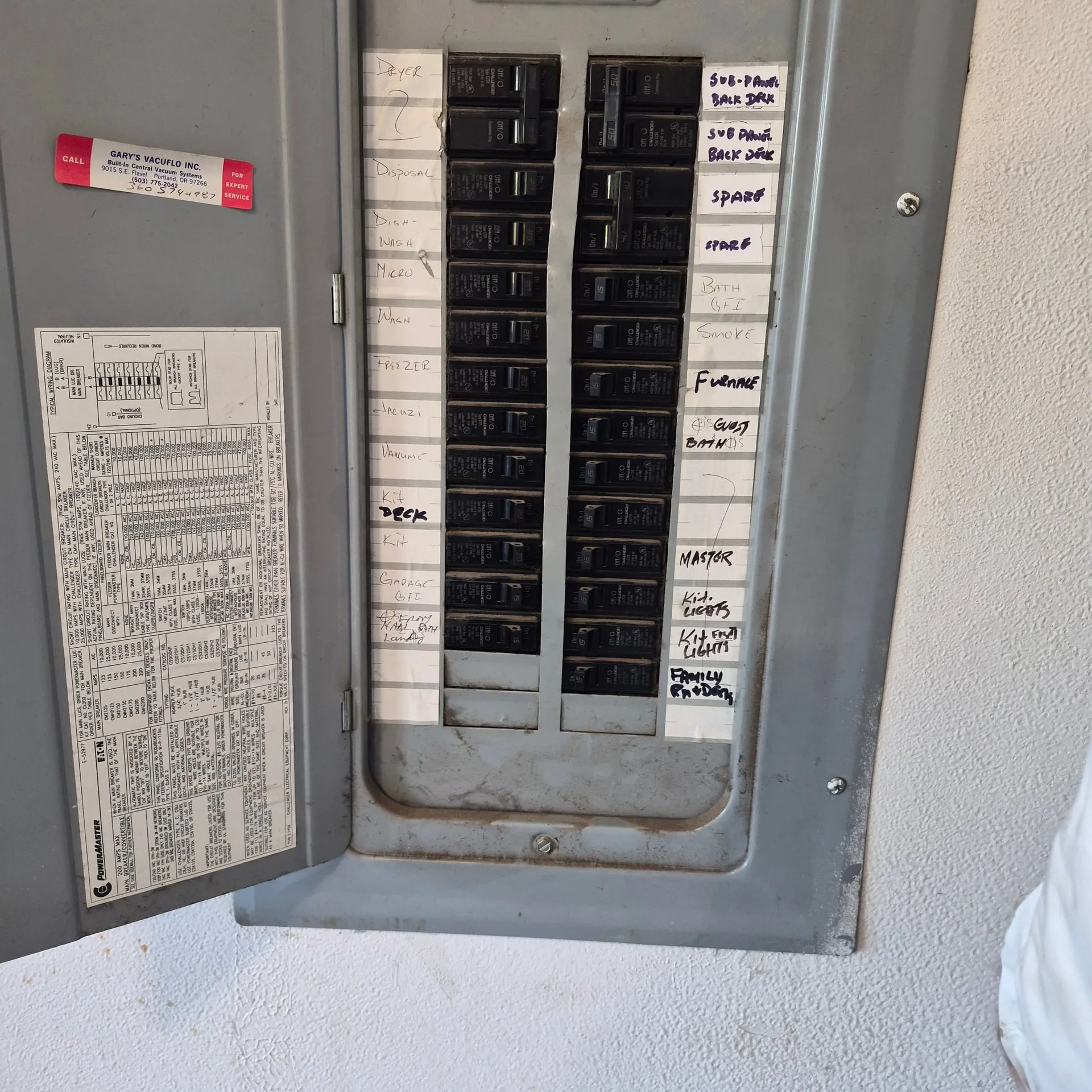 Open Eaton electrical panel in a Vancouver WA garage with a labeled circuit directory, where the new 60-amp EV charger breaker was landed