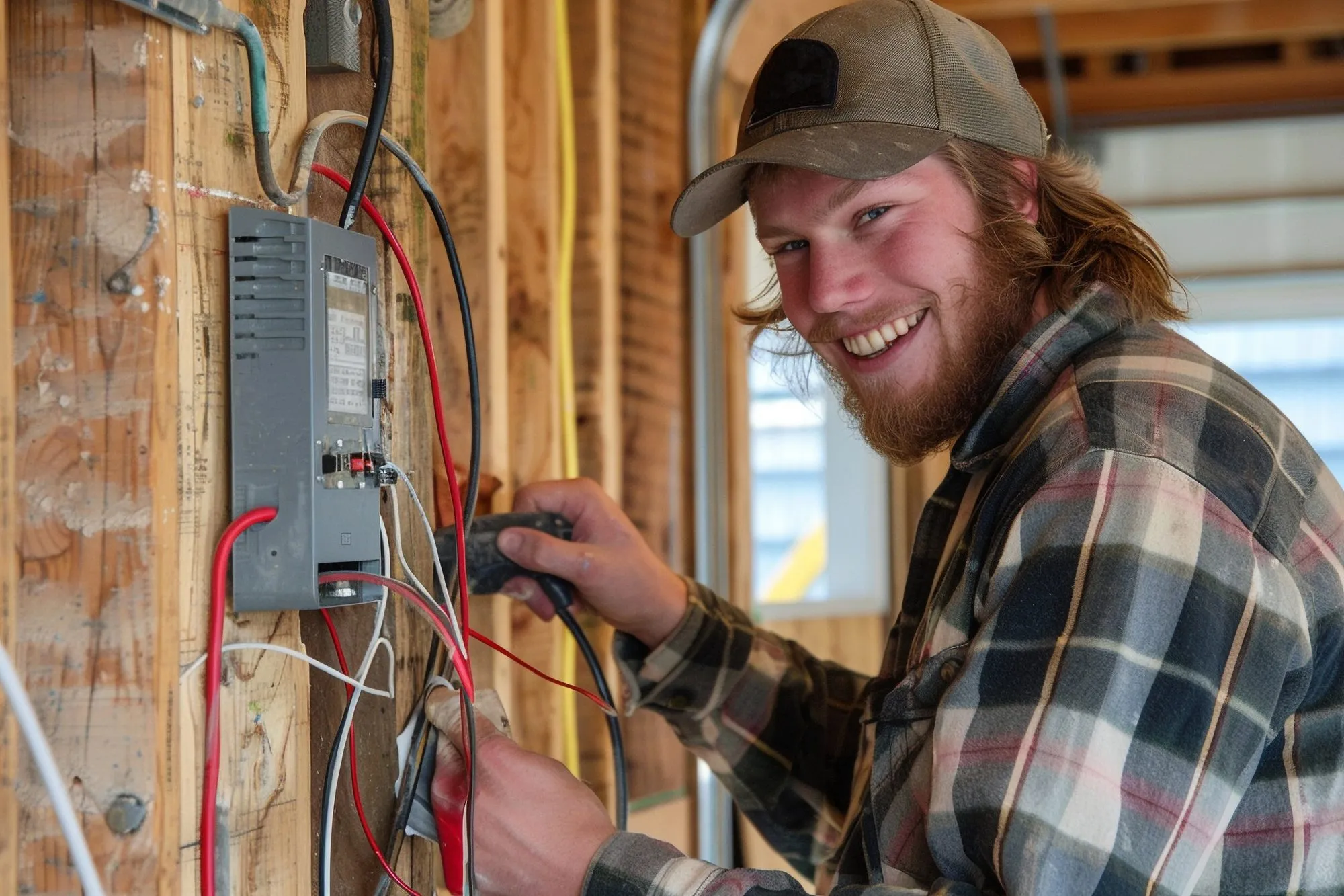 Newman Electric electrician inspecting a residential breaker panel during an upgrade
