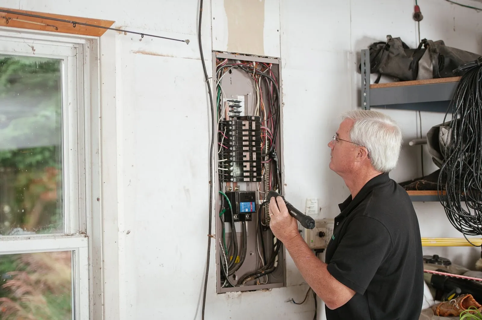 Man with a flashlight inspecting an older residential breaker panel in a garage
