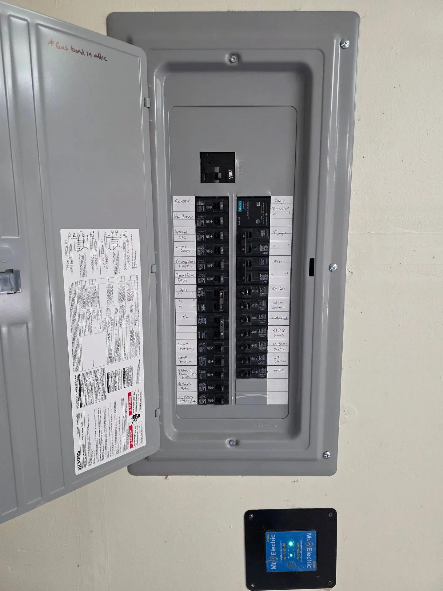 New electrical panel installed in a Hazel Dell home in Vancouver WA with the dead front and door in place, a fully typed circuit directory on the inside of the door, and an energy monitoring display mounted on the wall below