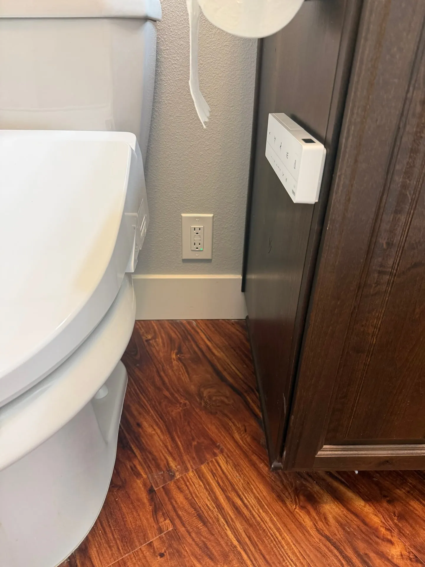 Second bidet receptacle installed beside a toilet in a Ridgefield WA bathroom, positioned above the baseboard next to the shower enclosure