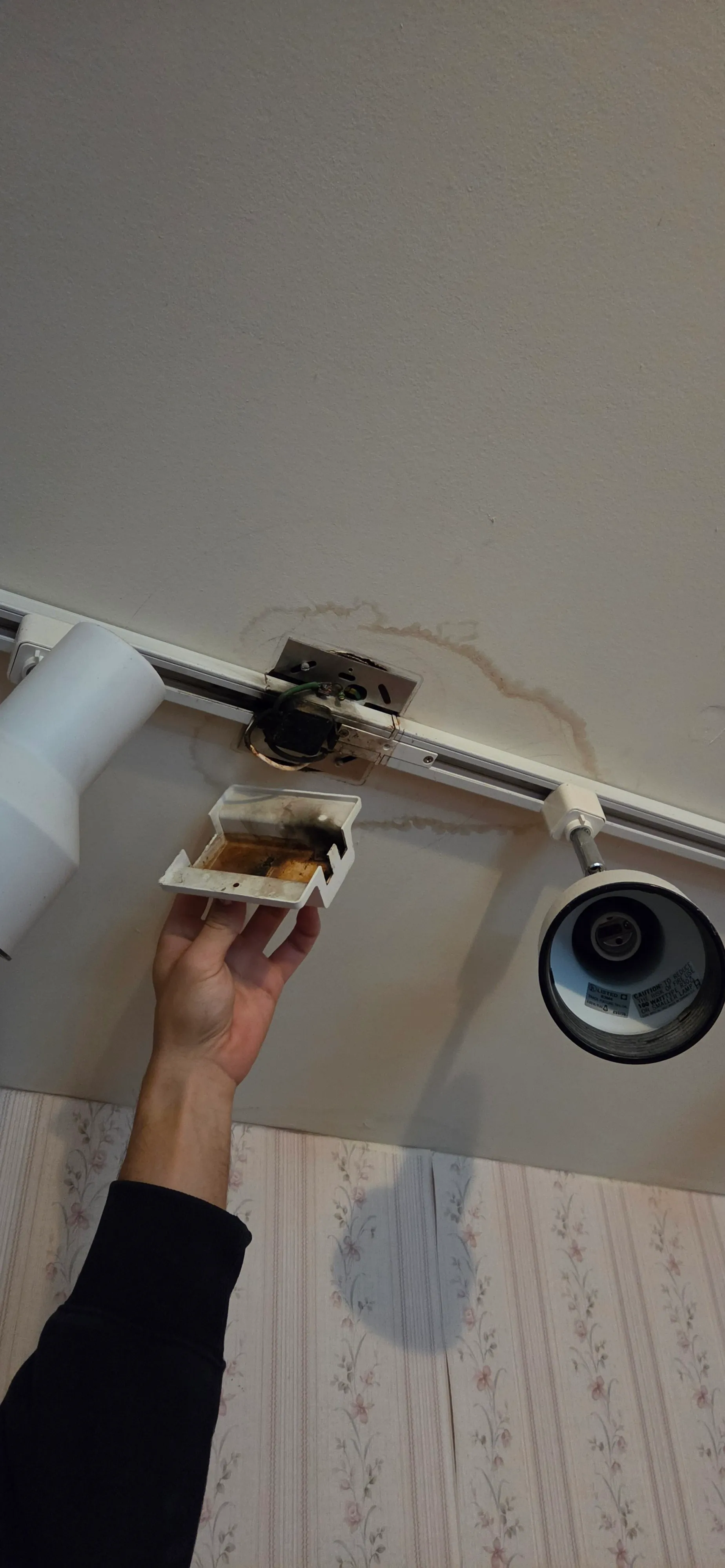 Track light canopy pulled down from a ceiling box in a Camas WA home showing a burned and discolored connection